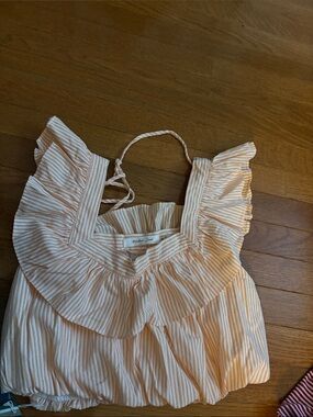 Mustard Seed Cream & Pale Peach Striped Ruffle Tank - Girls size medium